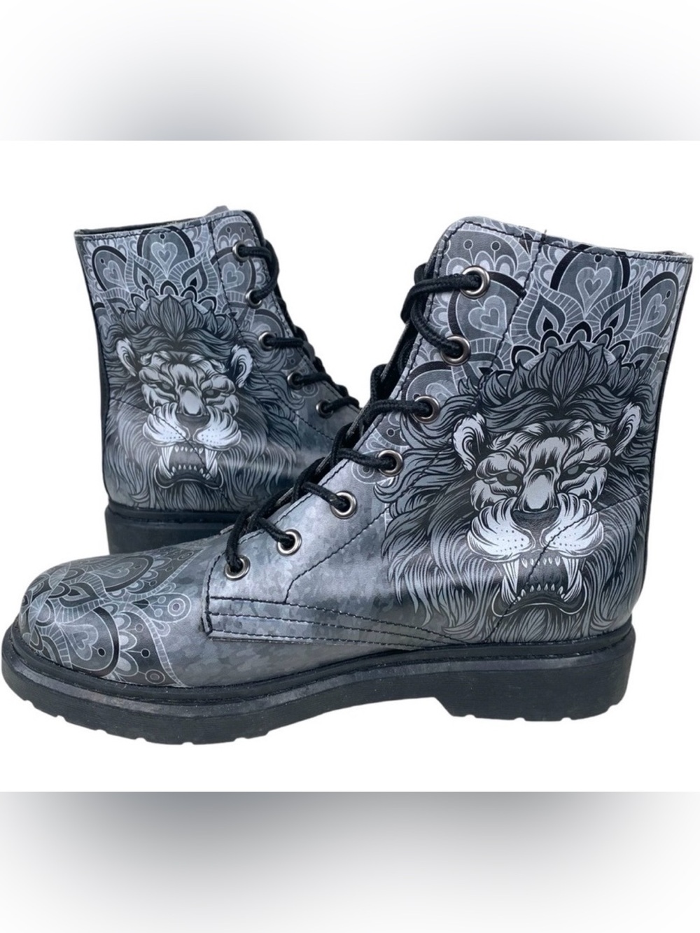 RAAD Combat Boots Mens 9 Womens 10.5 Gray Lion Mandala Goth Punk Lace Up